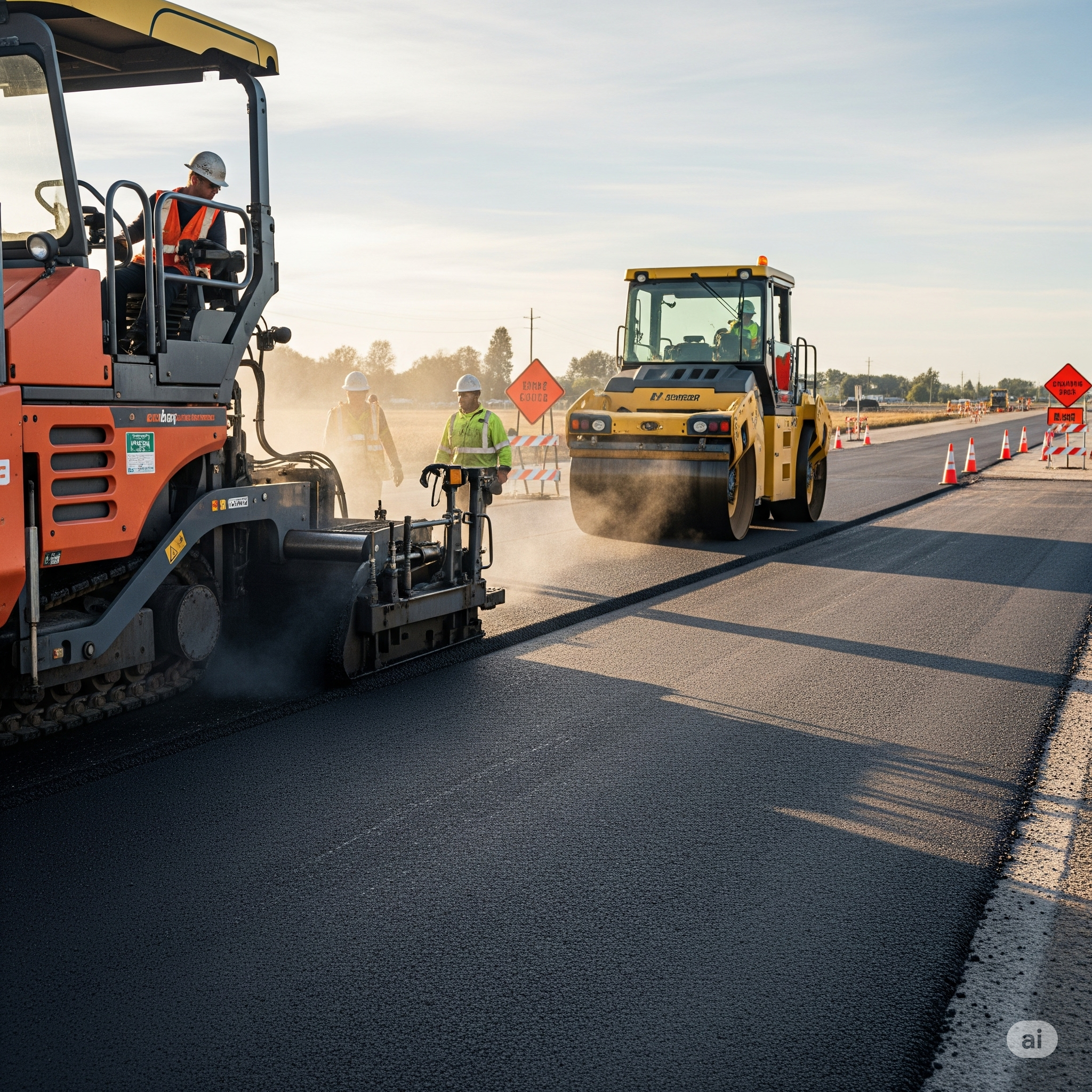 Road construction workers operating paving equipment and roller on highway project