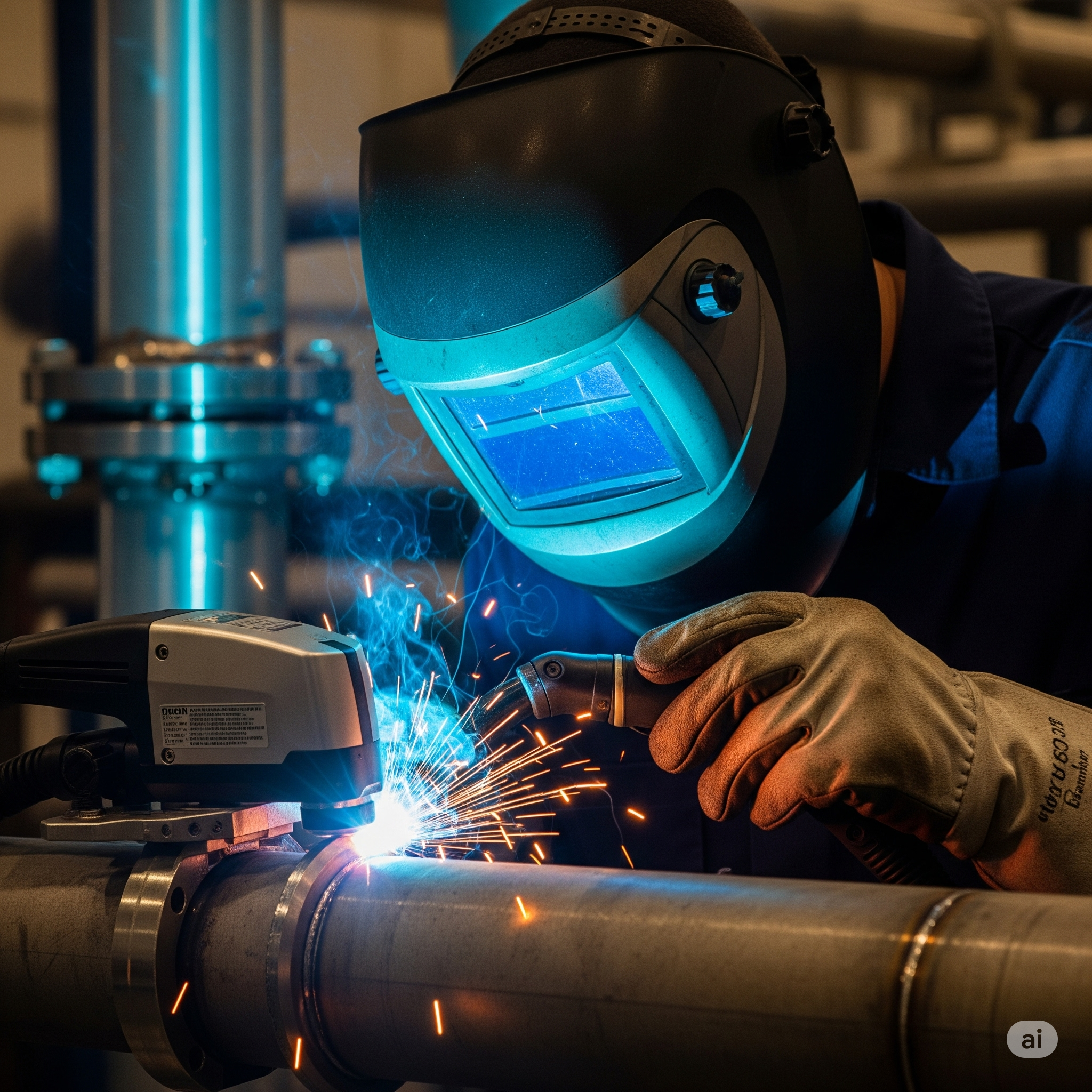 Skilled welder working on construction project with precision and safety